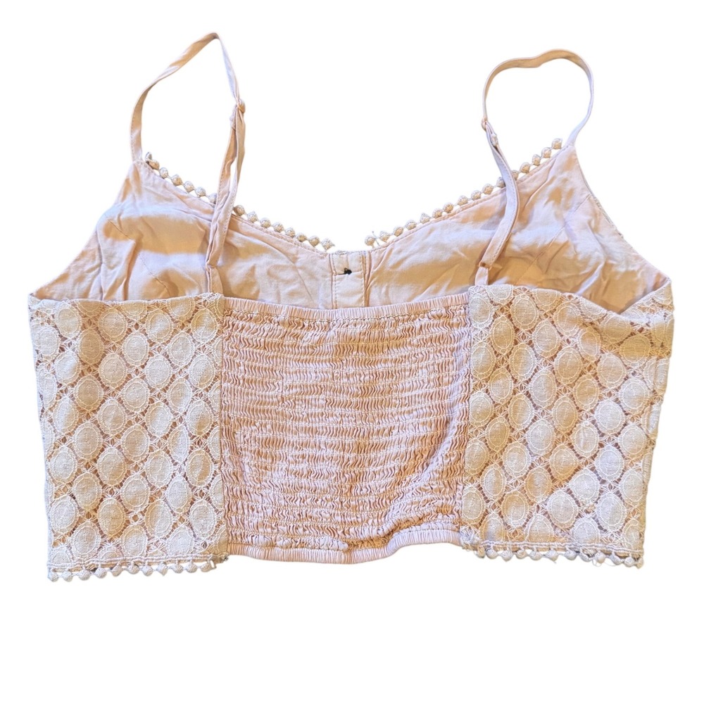 Pink Crochet Lace Smocked Button Up Crop Top Boho Festival L Coquette Fairy Fem - Picture 2 of 11